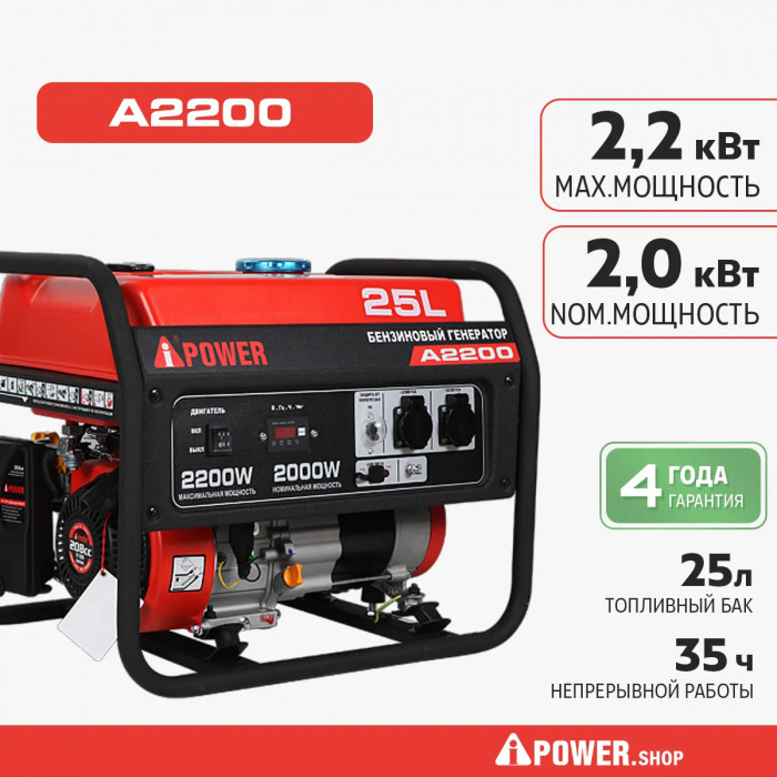 Бензиновый генератор A-iPower A2200 с ручным запуском, 2 кВт, 230В (20101)